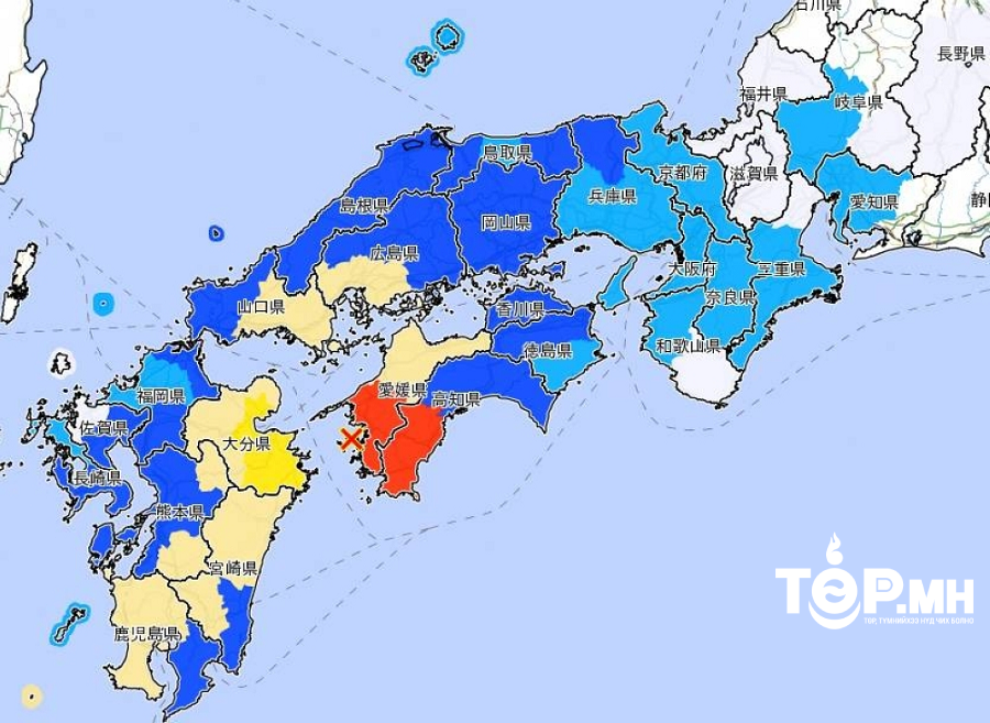 Япон Улсын баруун өмнөд хэсэгт газар хөдлөлт болсны улмаас есөн хүн хөнгөн гэмтсэн байна