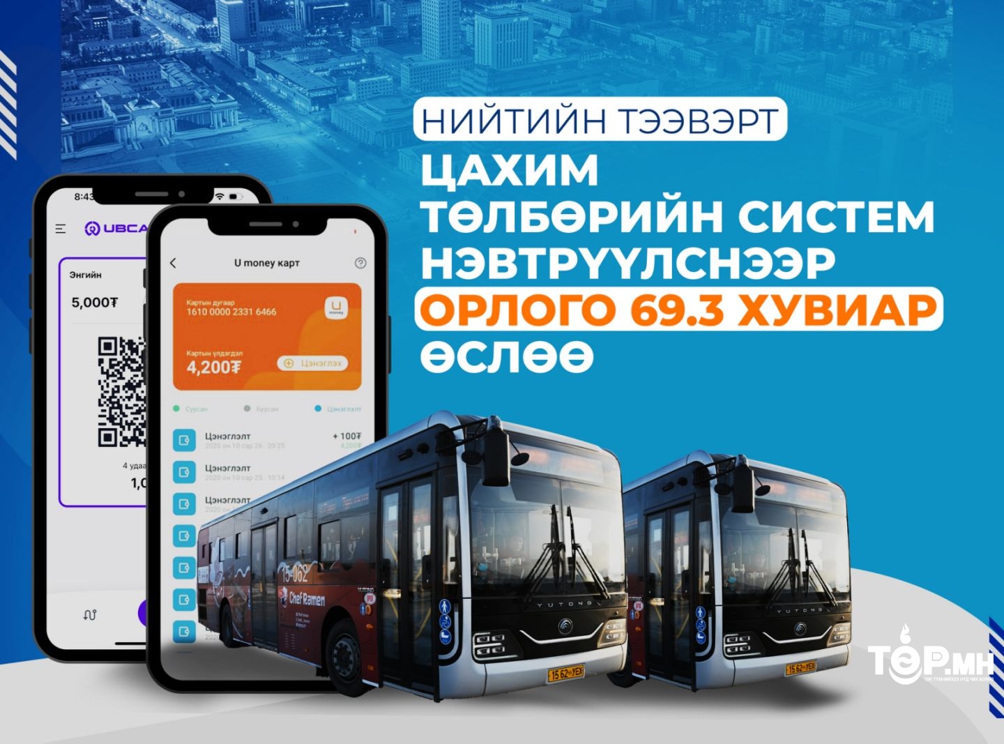 Нийтийн тээвэрт цахим төлбөрийн систем нэвтрүүлснээр орлого 69.3 хувиар өслөө